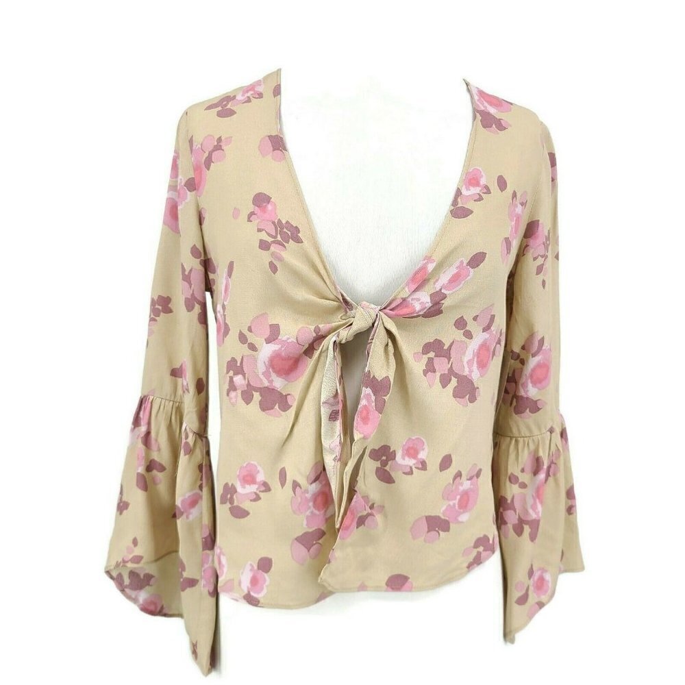 New Flynn Skye Knot Your Business Top Womens XS Pink Dreams Floral Bell Sleeves